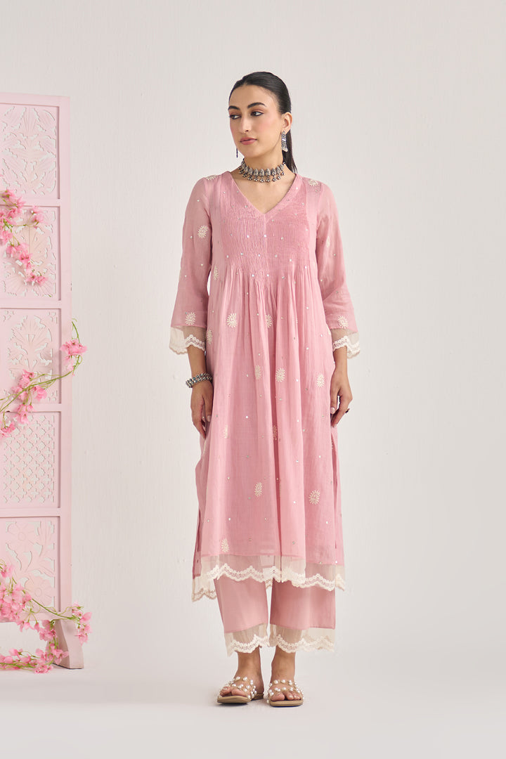 Chikankari summer 26" Dusty pink lace detailed chikankari pintuck kurta with palazzo and dupatta (set of 3)