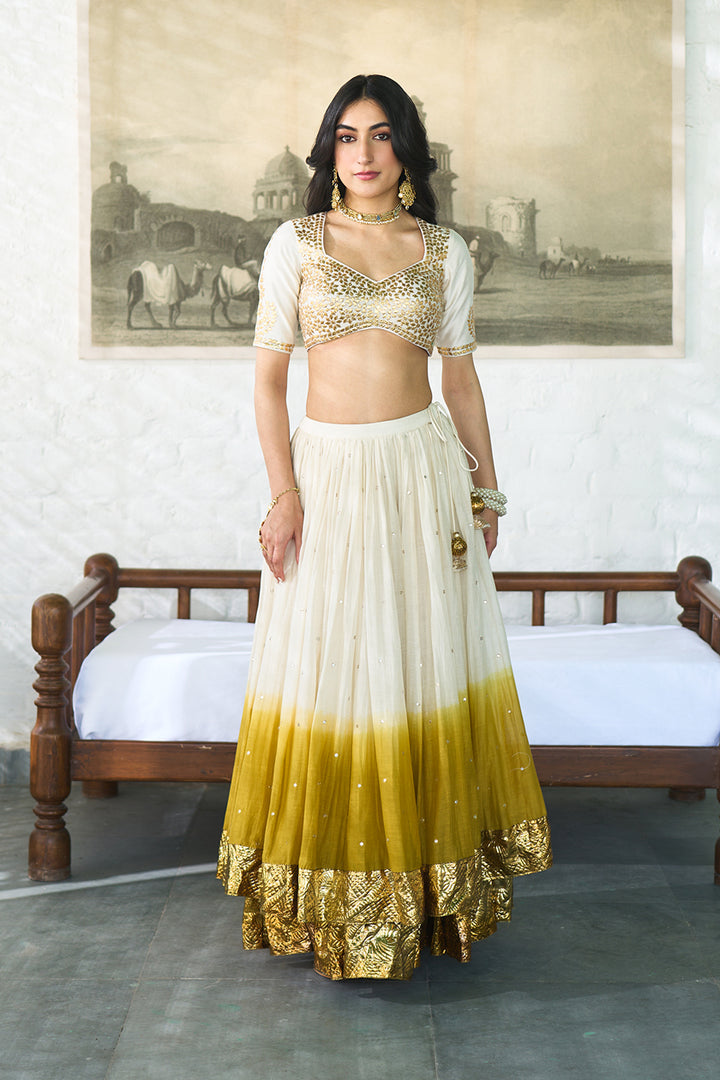 Ombre gota mustard double layer ombre lehenga with gotapatti blouse with dupatta ( set of 3 )