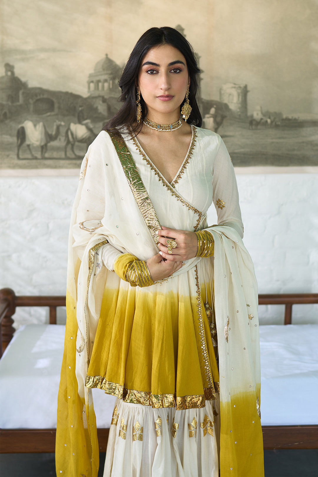 Ombre gota mustard angrakha anarkali with gharara and dupatta ( set of 3 )