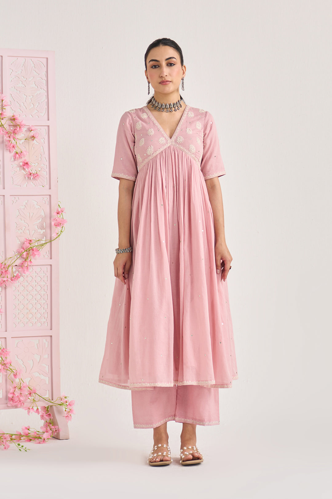 Chikankari summer 26" Dusty pink Chikankari v neck gathered kurta with palazzo and dupatta ( set of 3)