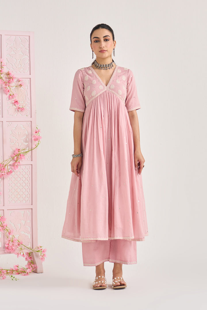 Chikankari summer 26" Dusty pink Chikankari v neck gathered kurta with palazzo and dupatta ( set of 3)