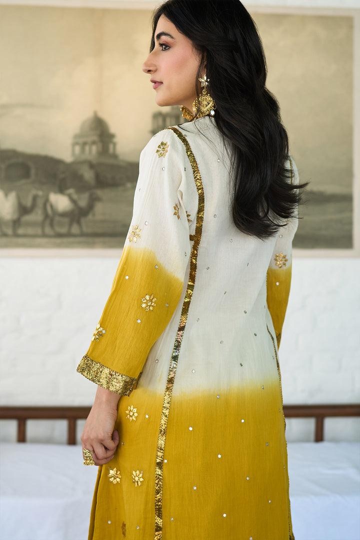 Ombre gota mustard patti embroidered ombre choga set ( set of 3 )