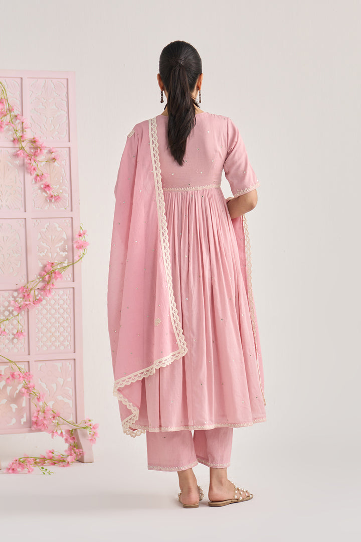 Chikankari summer 26" Dusty pink Chikankari v neck gathered kurta with palazzo and dupatta ( set of 3)