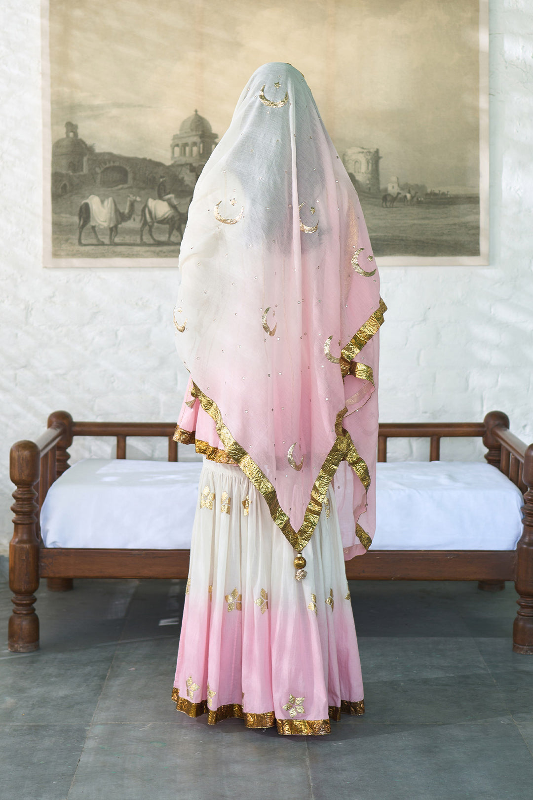 Ombre gota pink patti embroidered gharara set ( set of 3 )