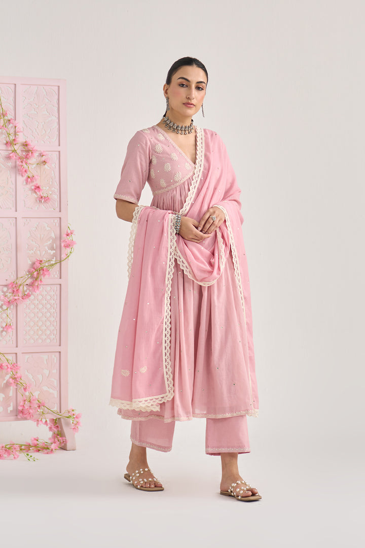 Chikankari summer 26" Dusty pink Chikankari v neck gathered kurta with palazzo and dupatta ( set of 3)