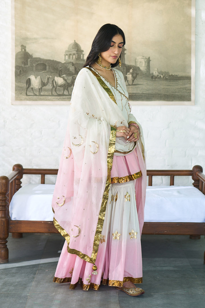 Ombre gota pink patti embroidered gharara set ( set of 3 )