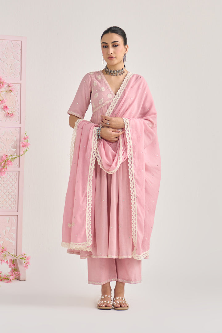 Chikankari summer 26" Dusty pink Chikankari v neck gathered kurta with palazzo and dupatta ( set of 3)