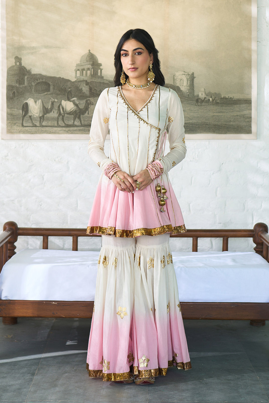 Ombre gota pink patti embroidered gharara set ( set of 3 )