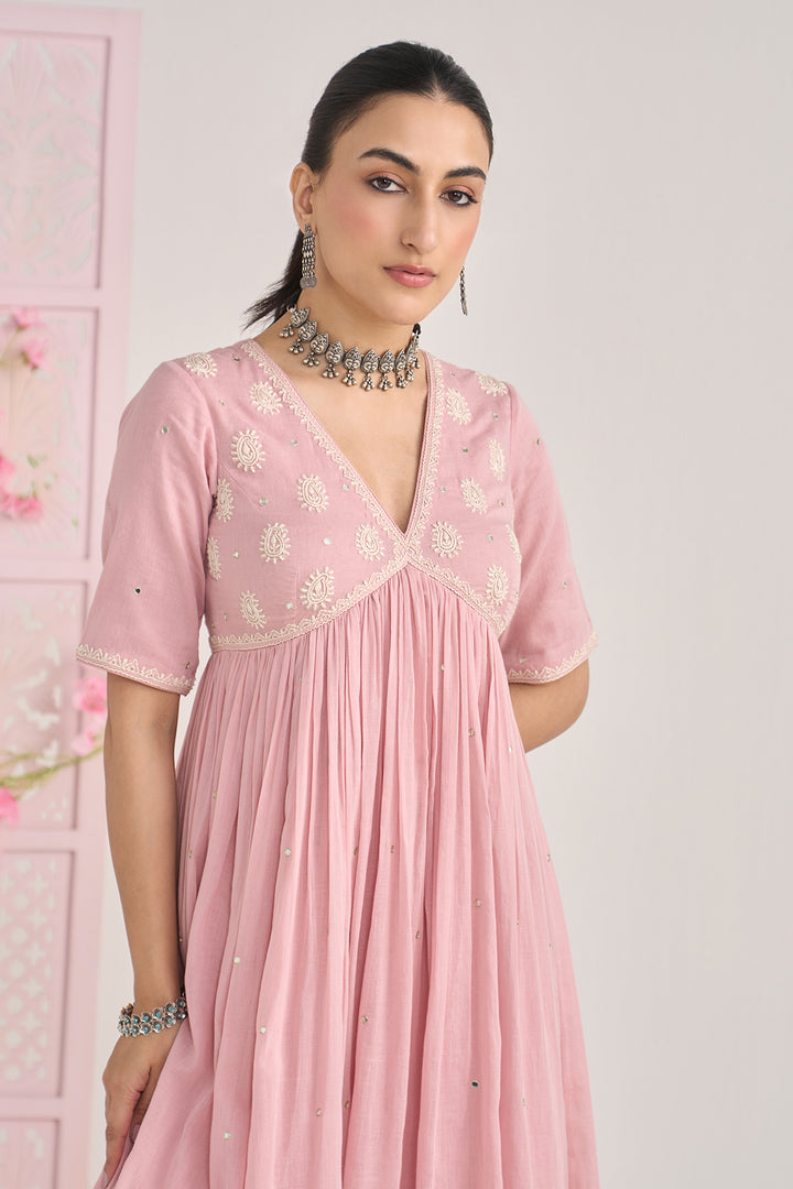 Chikankari summer 26" Dusty pink Chikankari v neck gathered kurta with palazzo and dupatta ( set of 3)