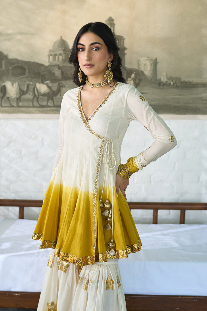 Ombre gota mustard angrakha anarkali with gharara and dupatta ( set of 3 )