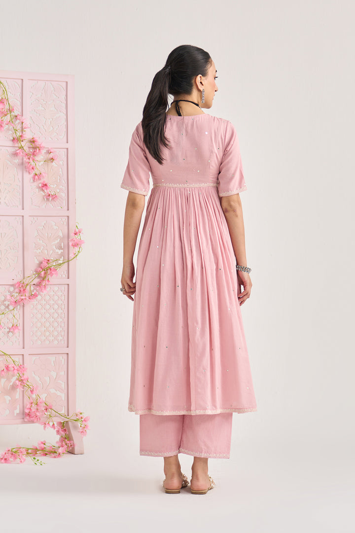 Chikankari summer 26" Dusty pink Chikankari v neck gathered kurta with palazzo and dupatta ( set of 3)