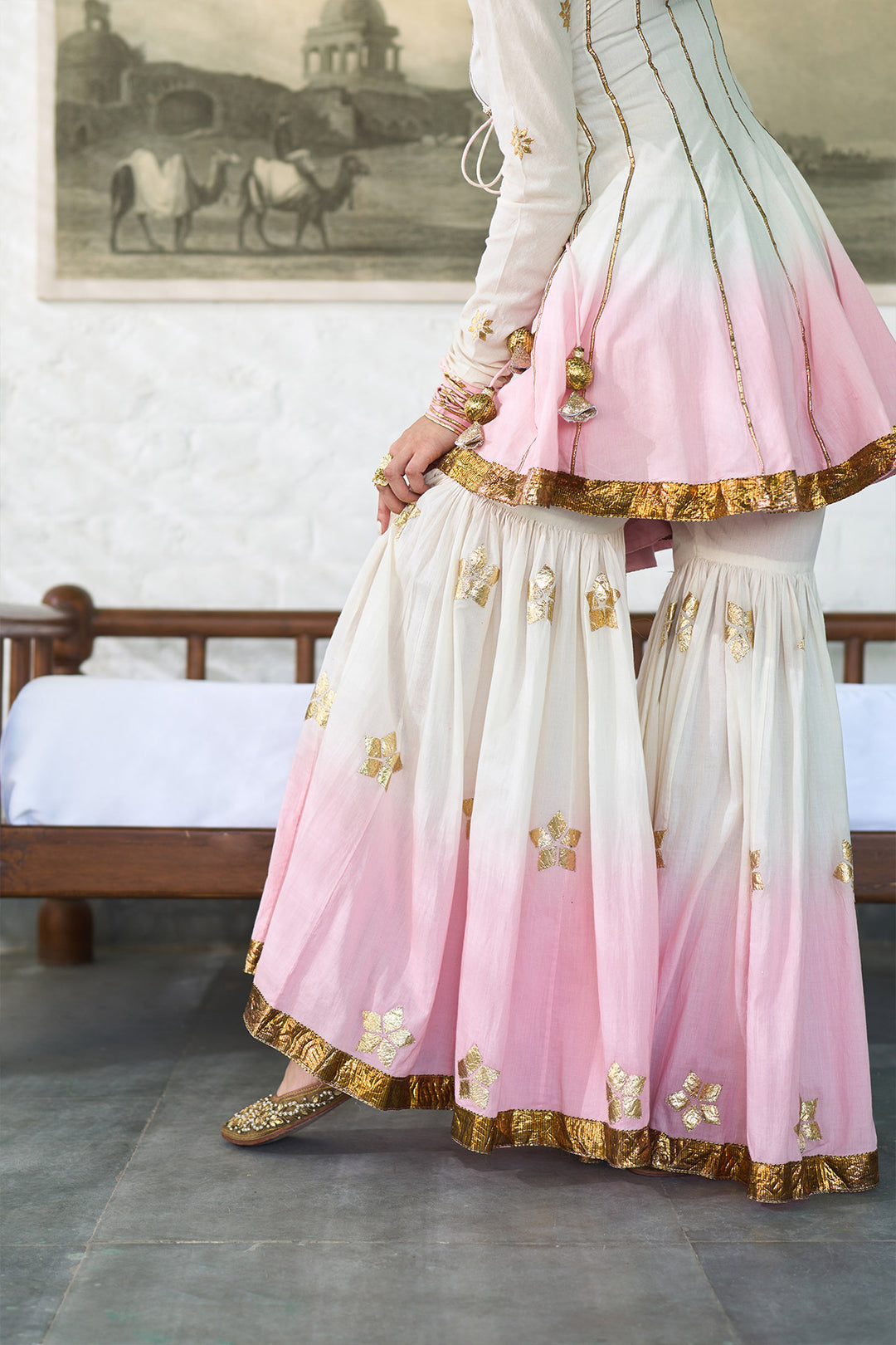 Ombre gota pink patti embroidered gharara set ( set of 3 )