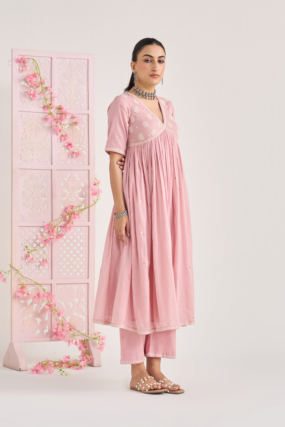 Chikankari summer 26" Dusty pink Chikankari v neck gathered kurta with palazzo and dupatta ( set of 3)