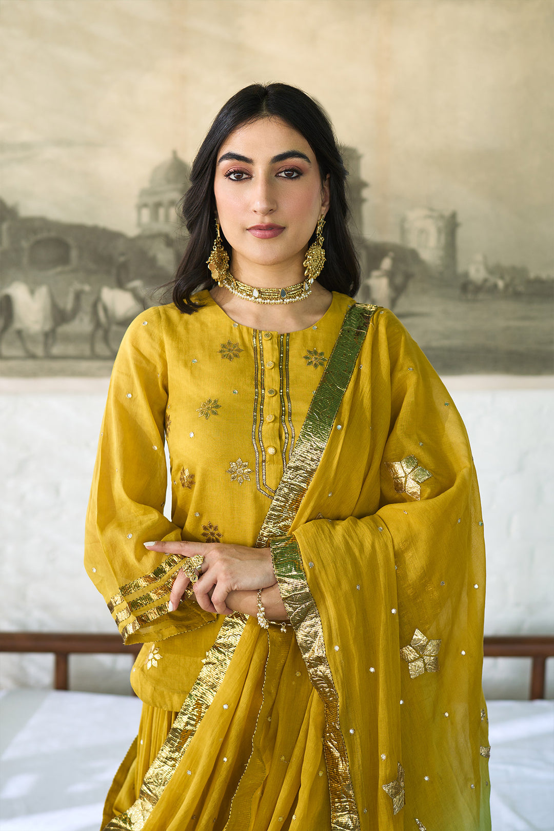 Ombre gota mustard to green embroidered short kurti with ombre skirt and dupatta ( set of 3 ) RTS