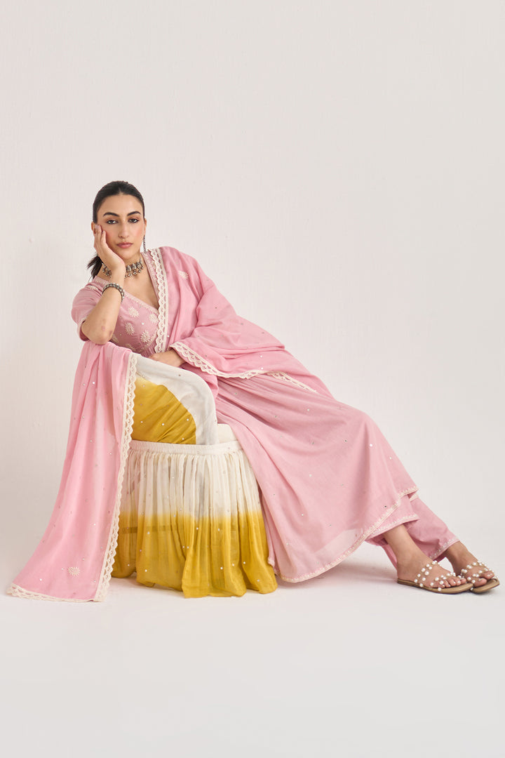Chikankari summer 26" Dusty pink Chikankari v neck gathered kurta with palazzo and dupatta ( set of 3)
