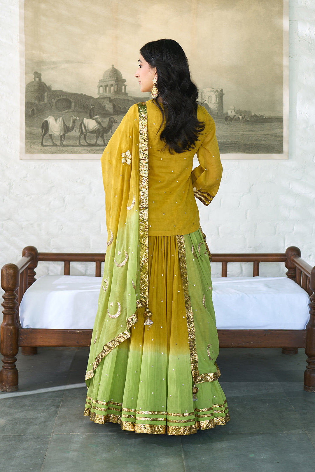 Ombre gota mustard to green embroidered short kurti with ombre skirt and dupatta ( set of 3 ) RTS