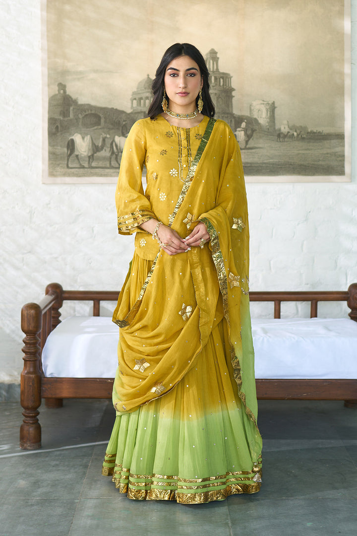 Ombre gota mustard to green embroidered short kurti with ombre skirt and dupatta ( set of 3 ) RTS