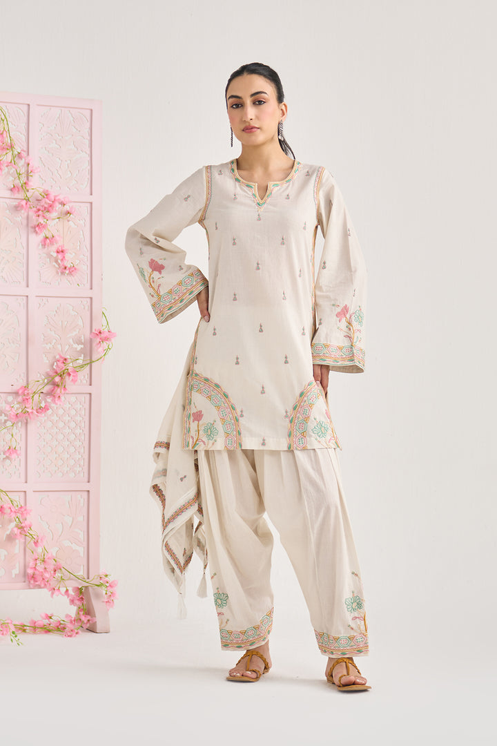 Chikankari summer 26" kora Straight cut kurta with salwar and scarf ( set of 3)