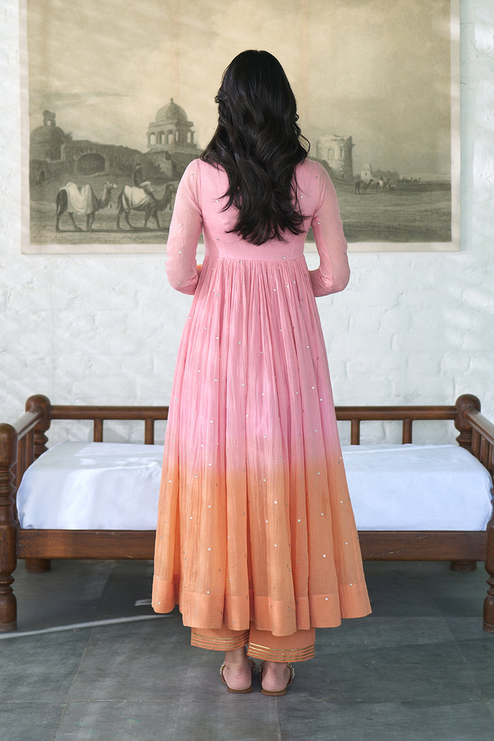 Ombre gota pink to orange v- neck gota patti embroidered anarkali with palazzo and dupatta ( set  of 3 ) RTS