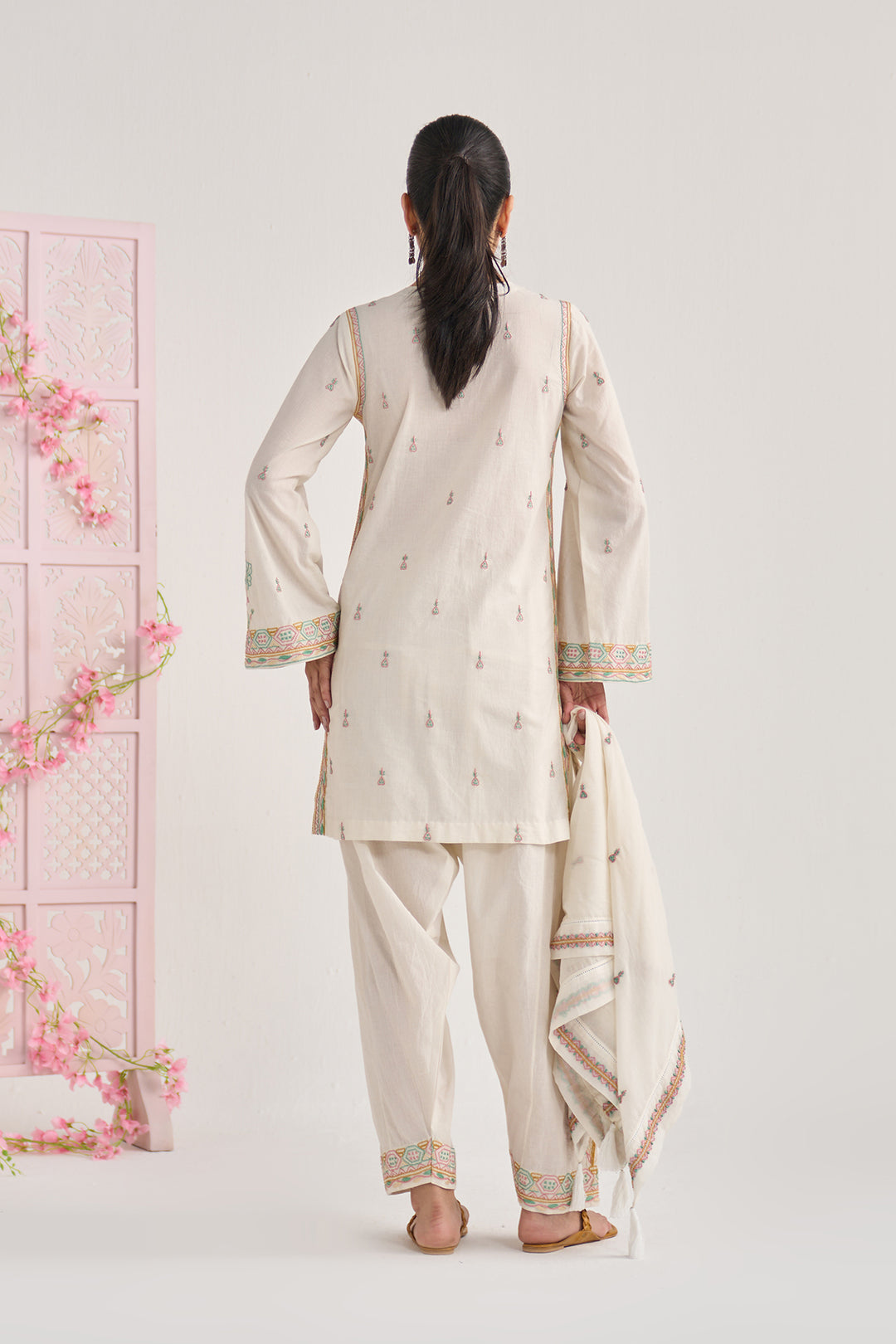 Chikankari summer 26" kora Straight cut kurta with salwar and scarf ( set of 3)