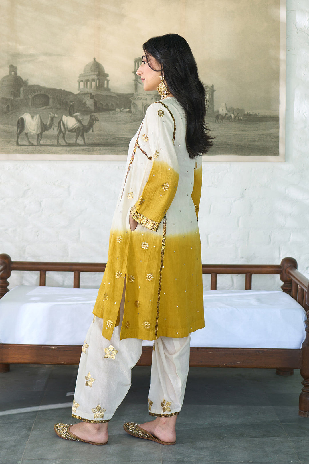 Ombre gota mustard patti embroidered ombre choga set ( set of 3 )