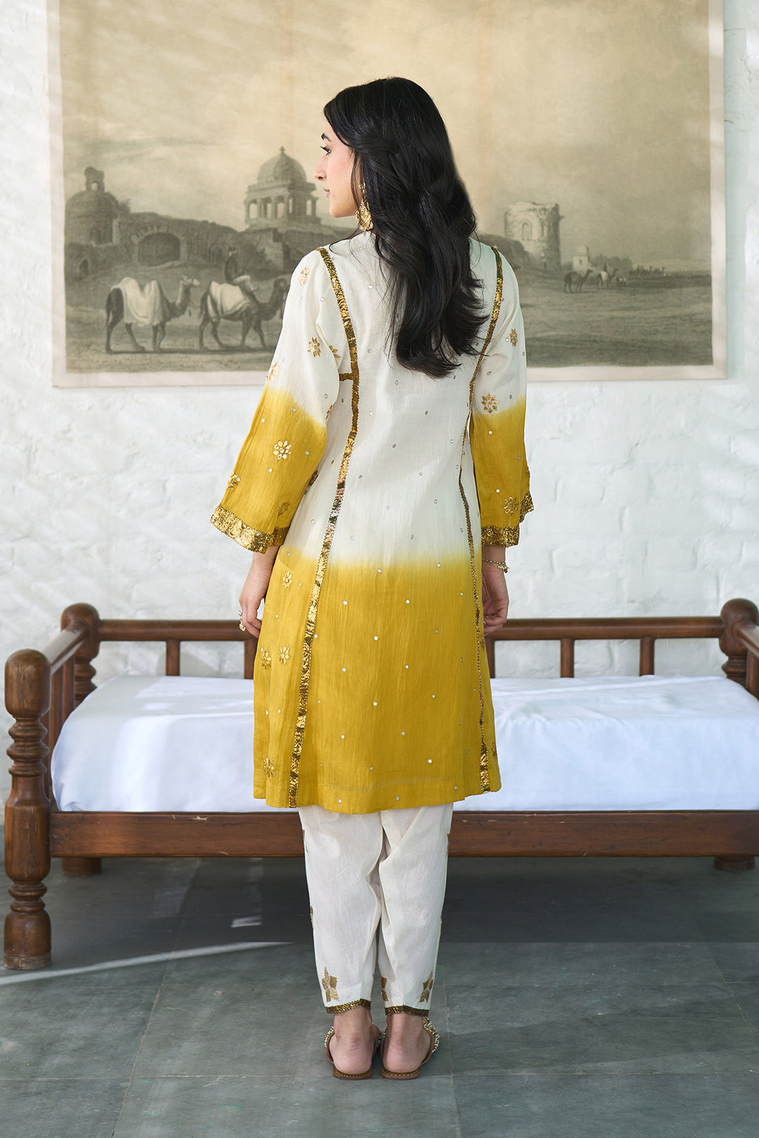 Ombre gota mustard patti embroidered ombre choga set ( set of 3 )