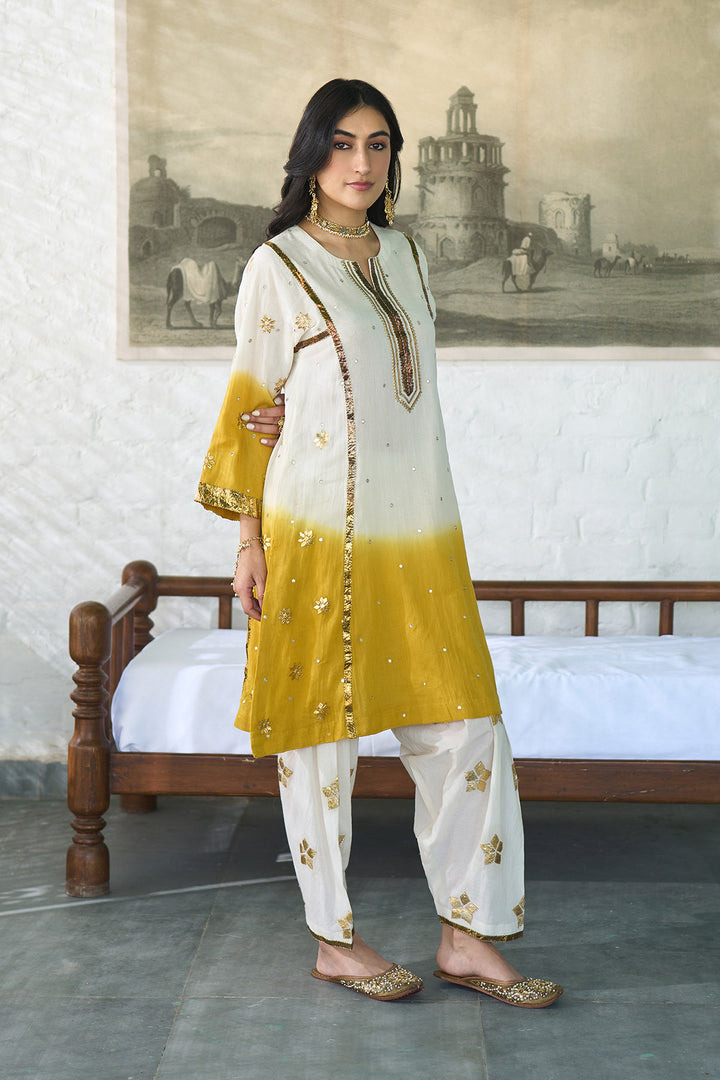 Ombre gota mustard patti embroidered ombre choga set ( set of 3 )