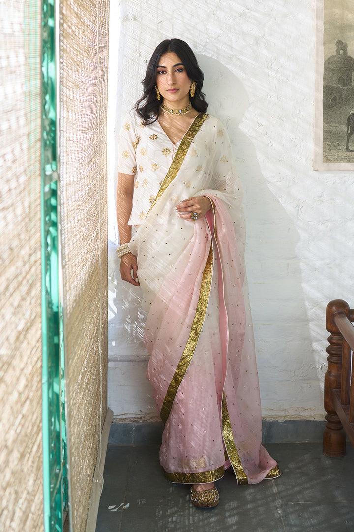 Ombre gota pink saari with long gota patti blouse ( set of 3 )