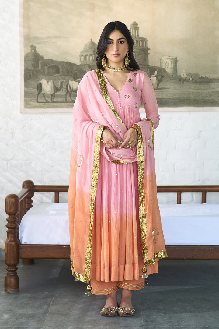 Ombre gota pink to orange v- neck gota patti embroidered anarkali with palazzo and dupatta ( set  of 3 ) RTS