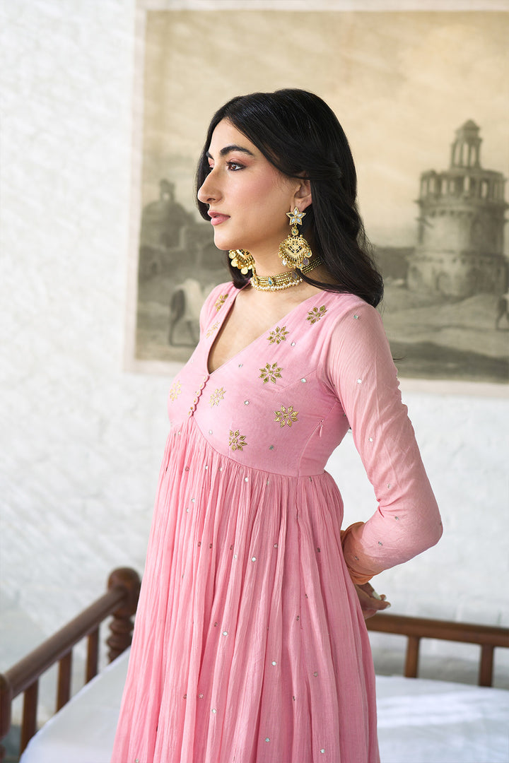 Ombre gota pink to orange v- neck gota patti embroidered anarkali with palazzo and dupatta ( set  of 3 ) RTS