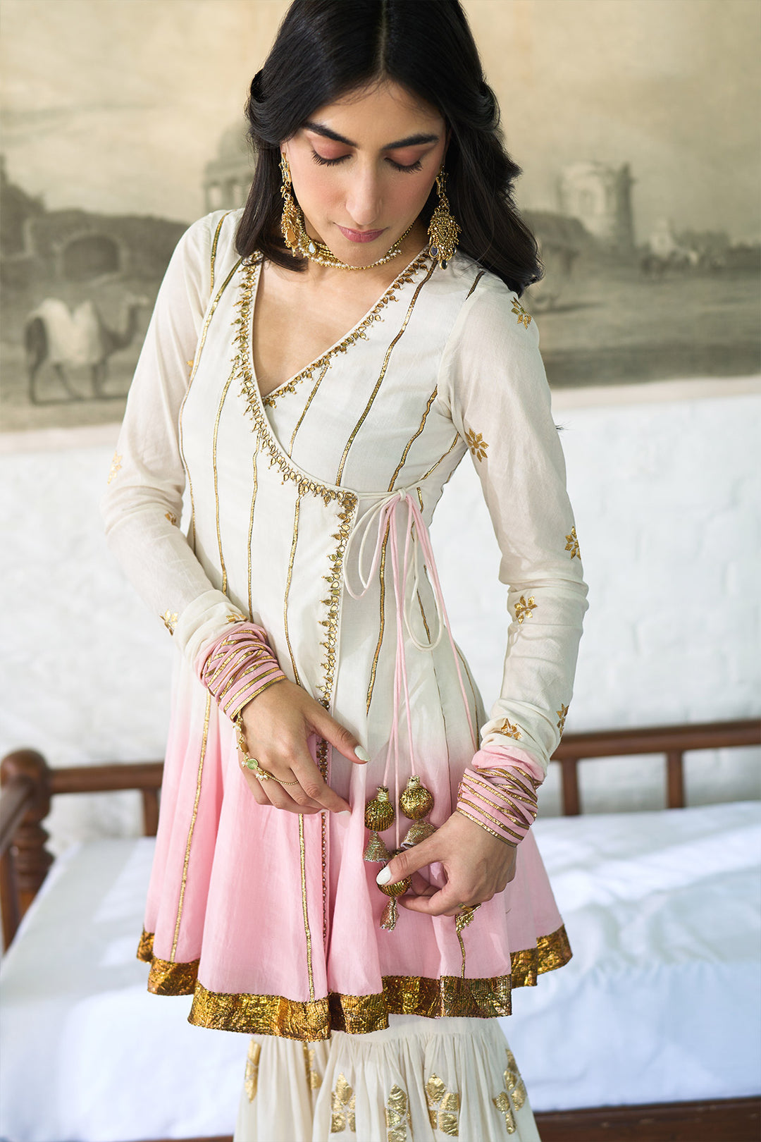 Ombre gota pink patti embroidered gharara set ( set of 3 )