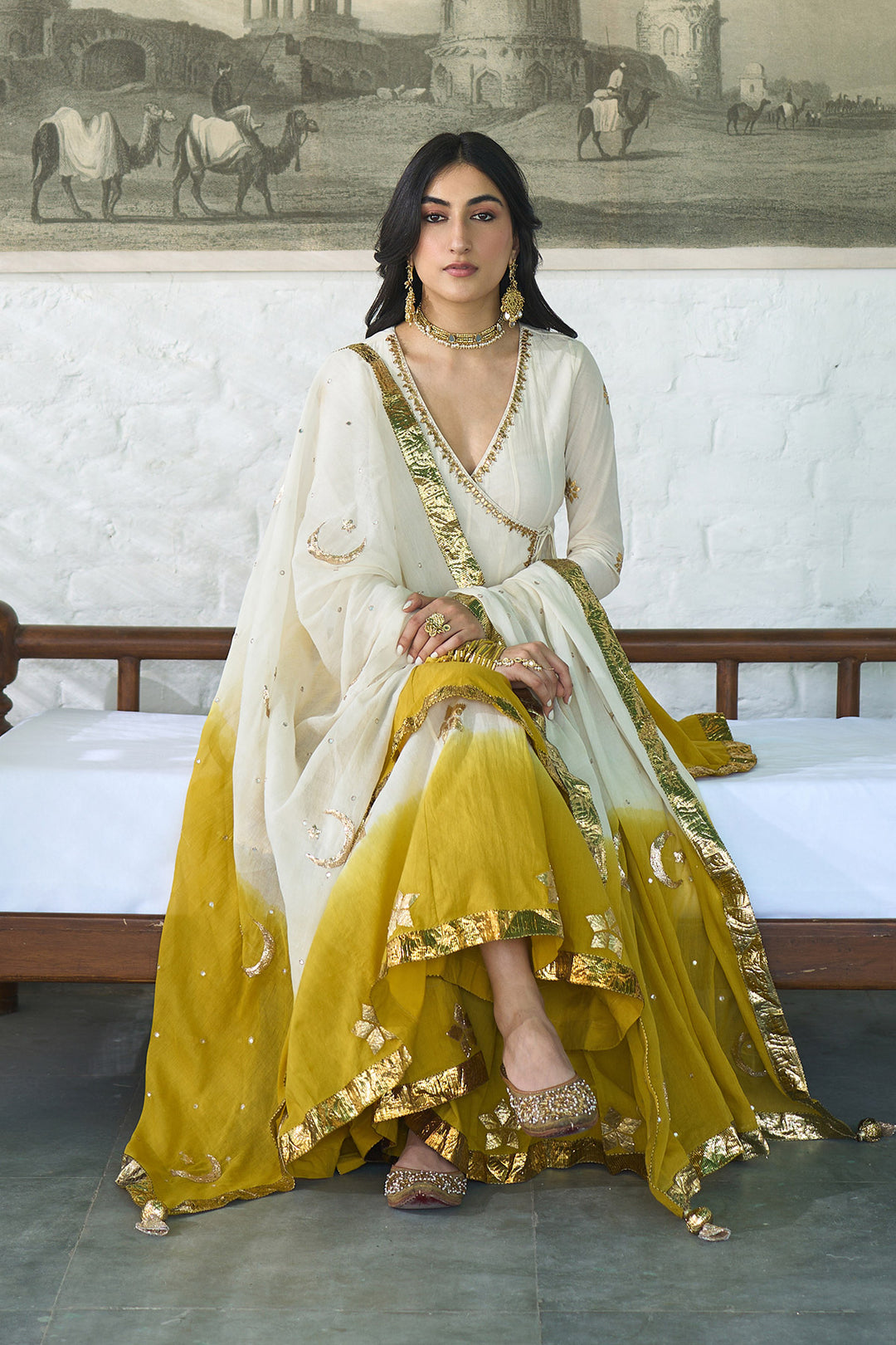 Ombre gota mustard angrakha anarkali with gharara and dupatta ( set of 3 )