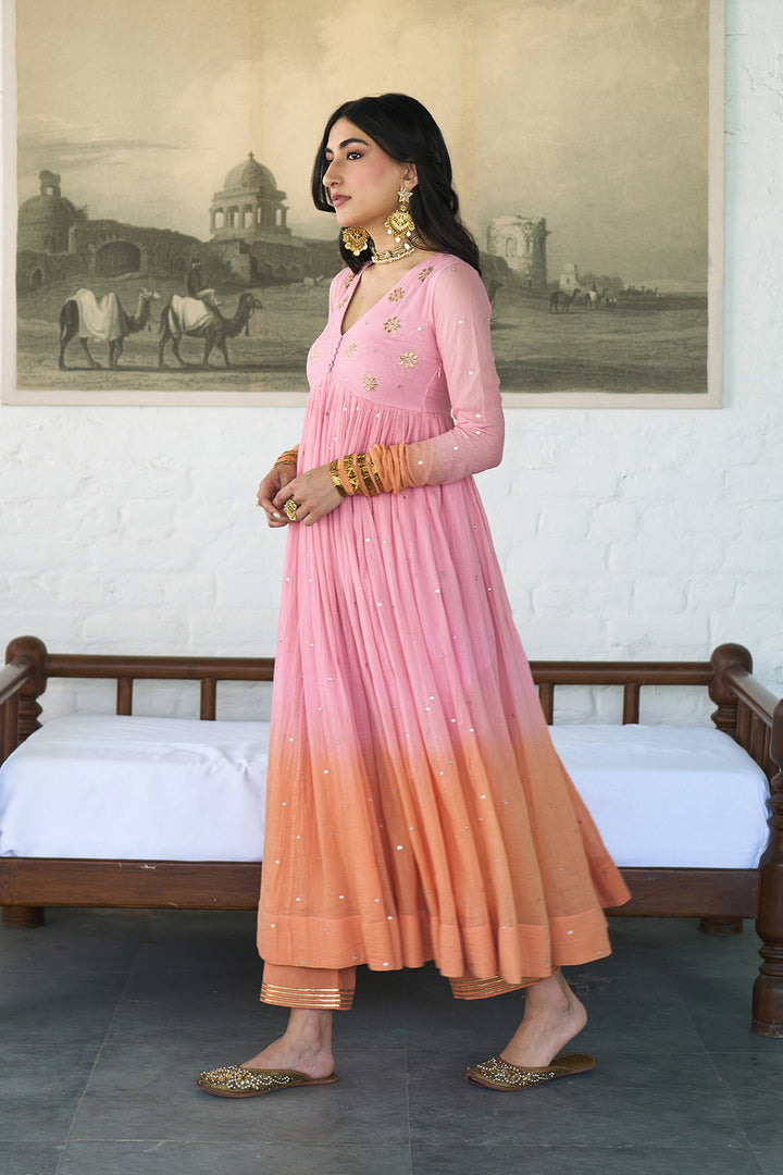 Ombre gota pink to orange v- neck gota patti embroidered anarkali with palazzo and dupatta ( set  of 3 ) RTS