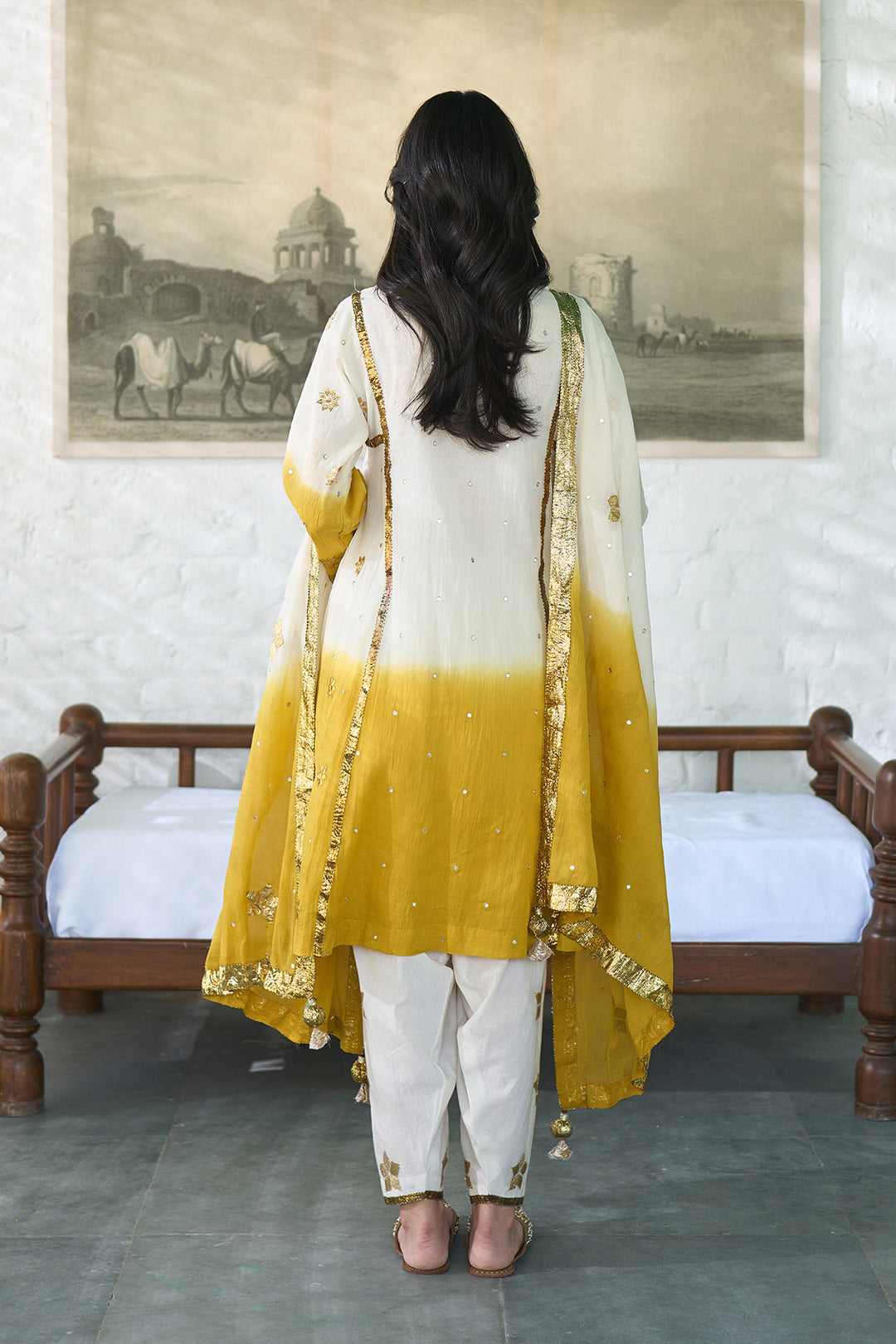 Ombre gota mustard patti embroidered ombre choga set ( set of 3 )