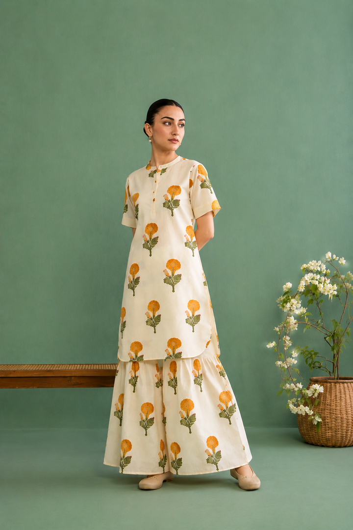 Mughal Summer Mustard Short Kurta With Flared Palazzo Set Of 2