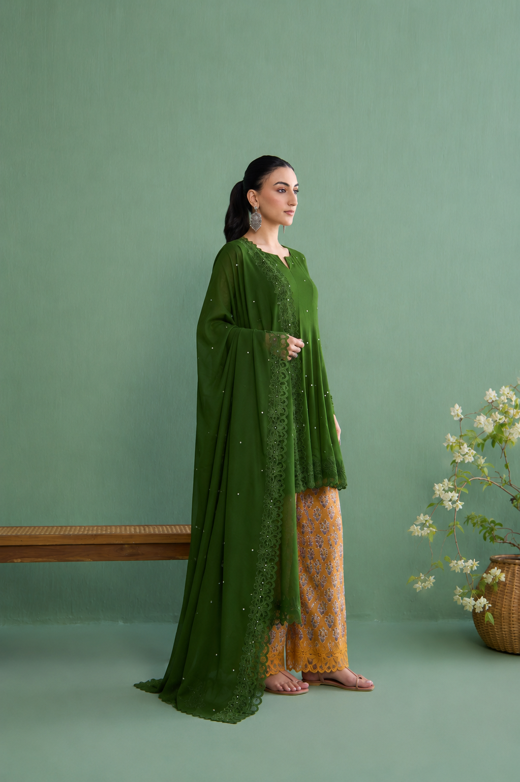 Mughal Summer Olive Green Short Kurta With Hand Block Printed Salwar and Solid Dupatta Set Of 3