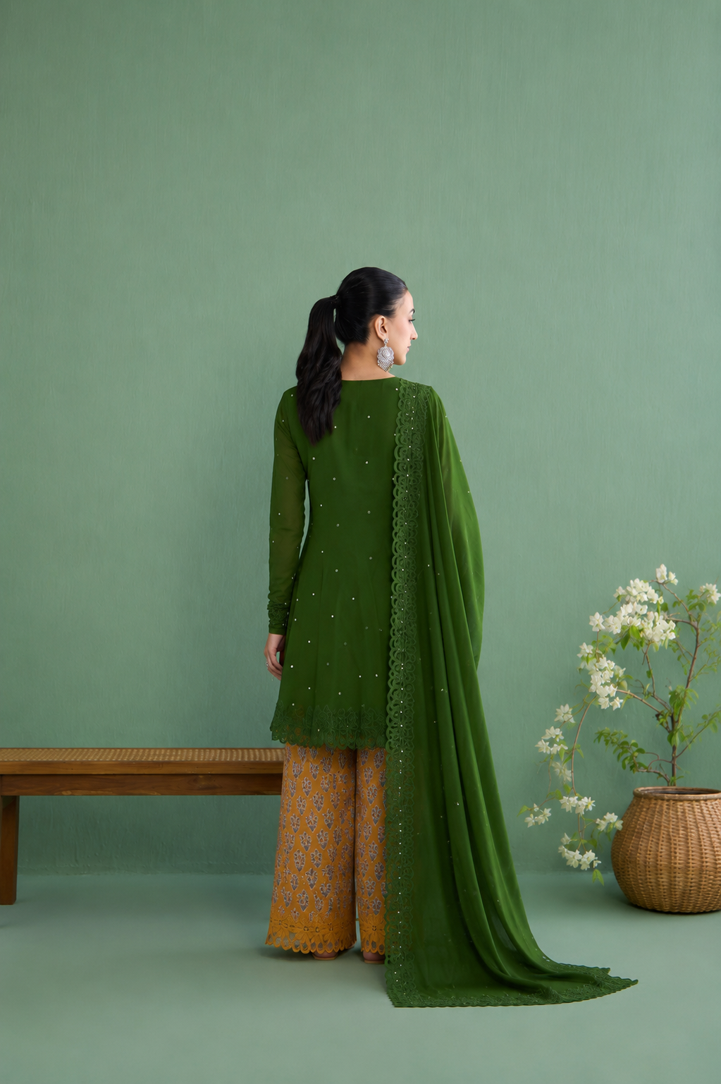 Mughal Summer Olive Green Short Kurta With Hand Block Printed Salwar and Solid Dupatta Set Of 3