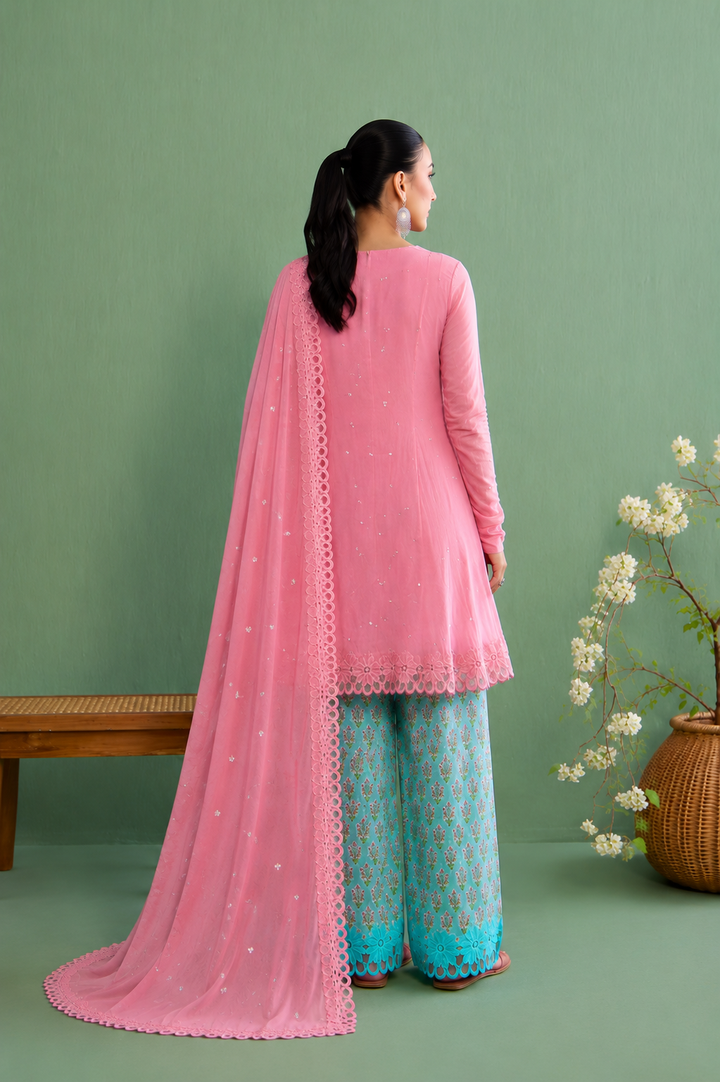 Mughal Summer Pink Short Kurta With Hand Block Printed Salwar And Solid Dupatta Set Of 3