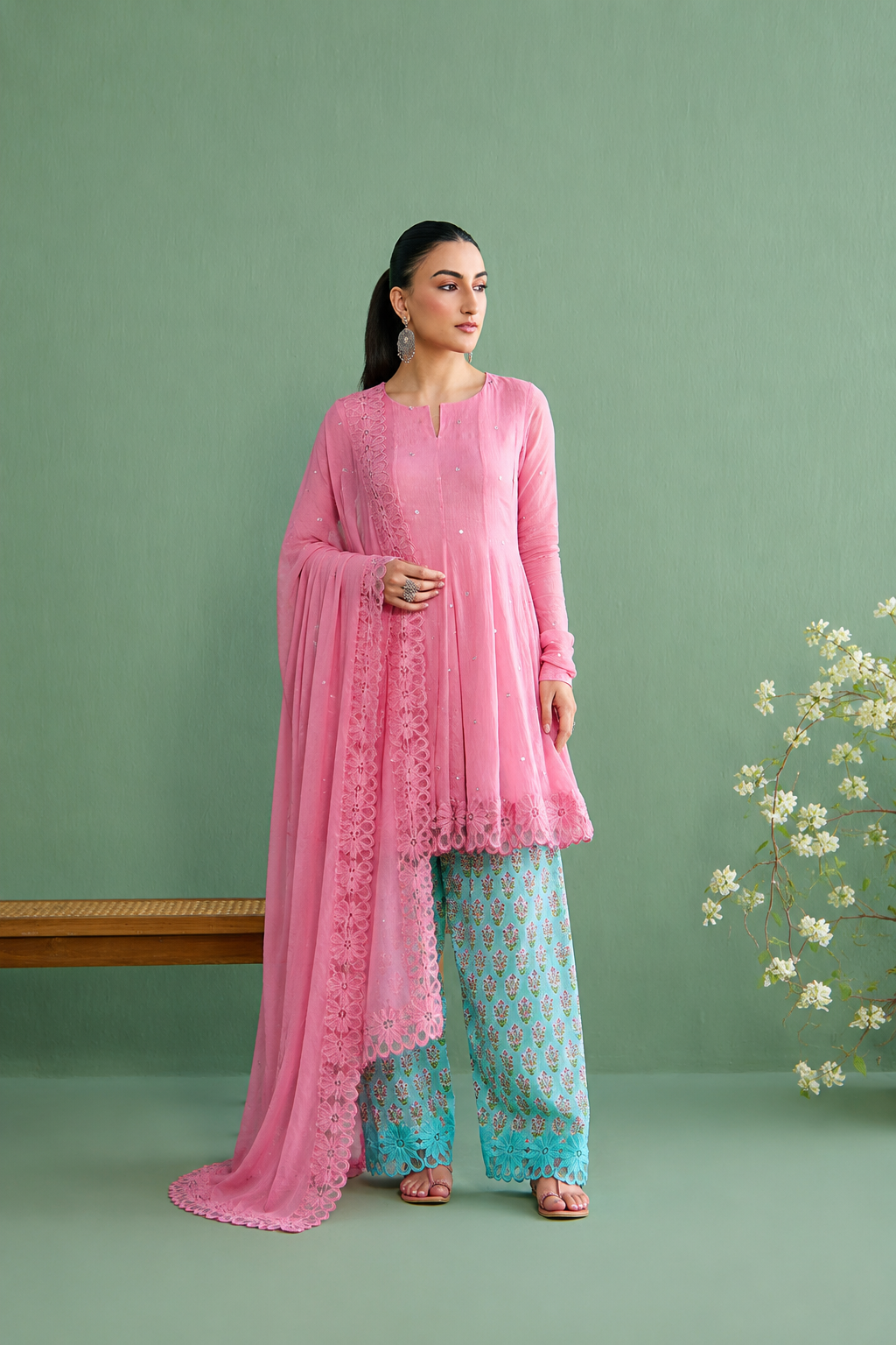 Mughal Summer Pink Short Kurta With Hand Block Printed Salwar And Solid Dupatta Set Of 3