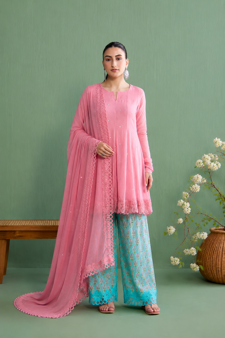 Mughal Summer Pink Short Kurta With Hand Block Printed Salwar And Solid Dupatta Set Of 3