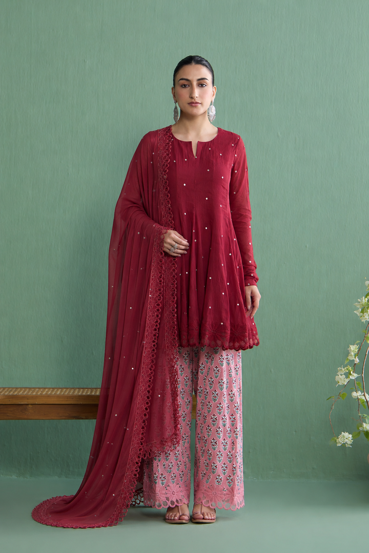 Mughal Summer Berry Red Short Kurta With Hand Block Printed Salwar And Solid Dupatta Set Of 3