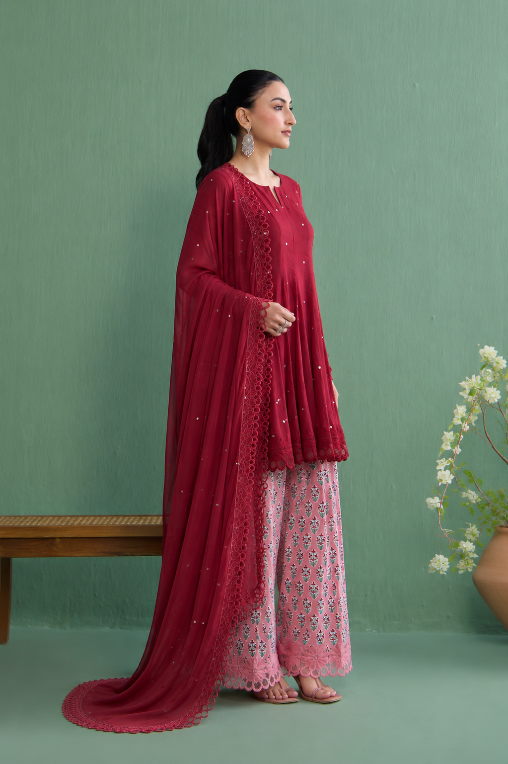 Mughal Summer Berry Red Short Kurta With Hand Block Printed Salwar And Solid Dupatta Set Of 3