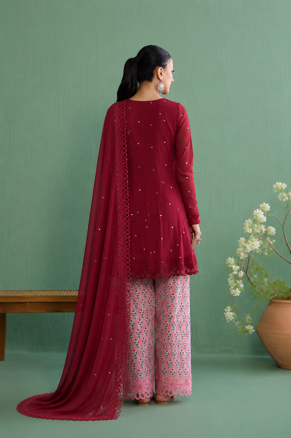 Mughal Summer Berry Red Short Kurta With Hand Block Printed Salwar And Solid Dupatta Set Of 3