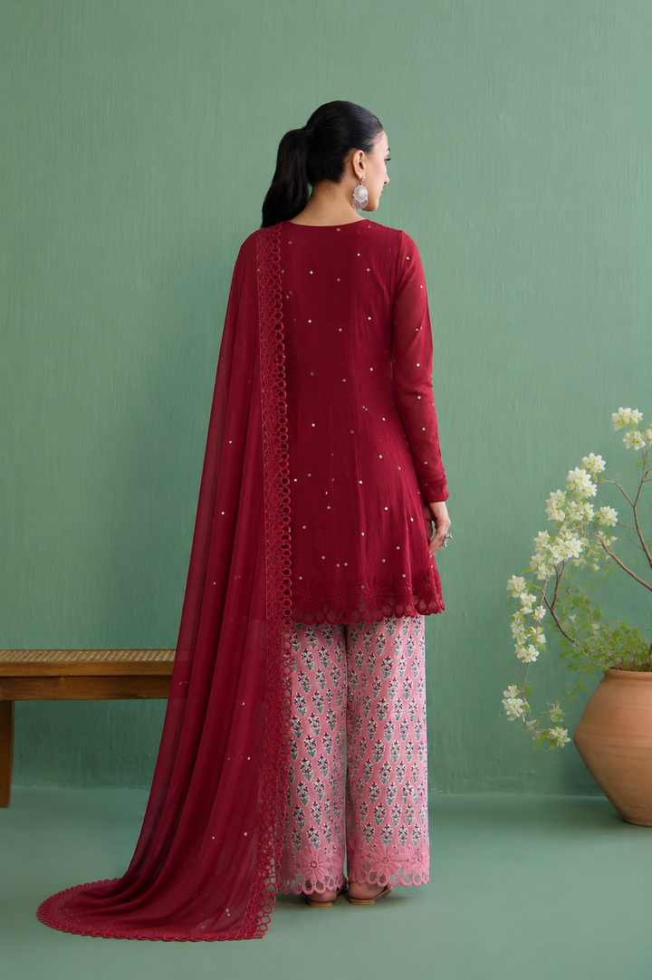 Mughal Summer Berry Red Short Kurta With Hand Block Printed Salwar And Solid Dupatta Set Of 3
