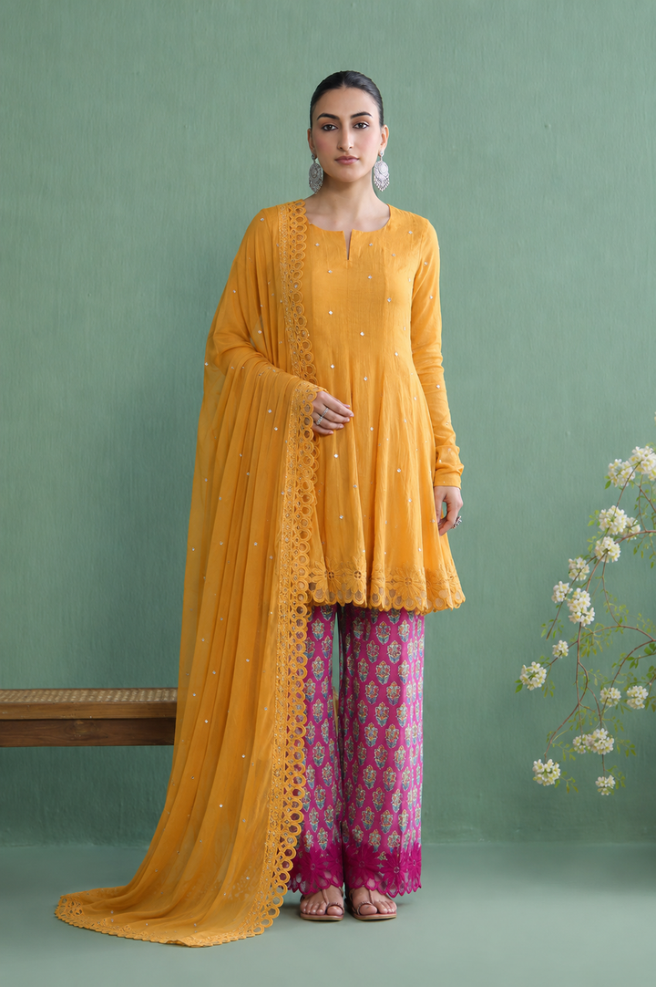 Mughal Summer Mustard Short Kurta With Hand Block Printed Salwar And Solid Dupatta Set Of 3
