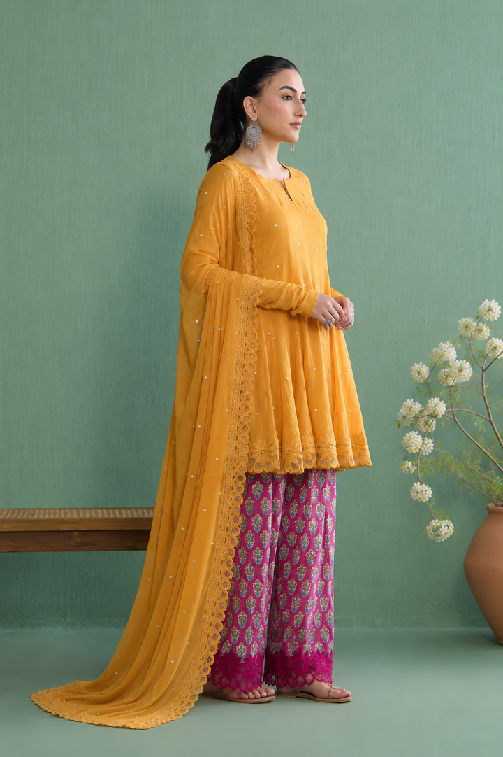 Mughal Summer Mustard Short Kurta With Hand Block Printed Salwar And Solid Dupatta Set Of 3