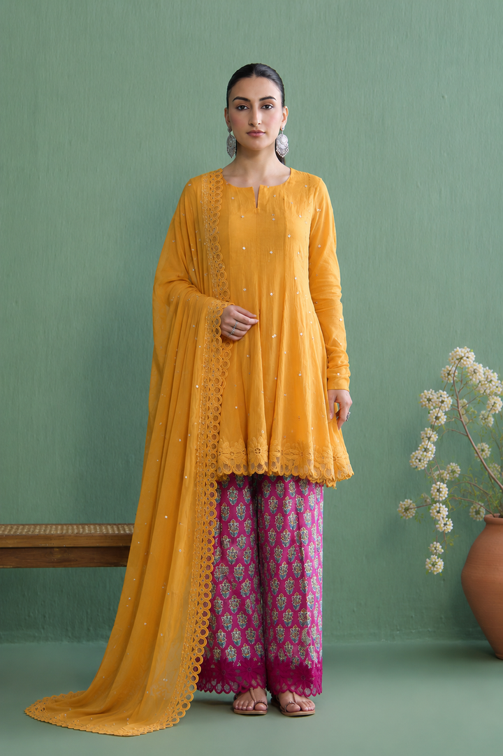 Mughal Summer Mustard Short Kurta With Hand Block Printed Salwar And Solid Dupatta Set Of 3