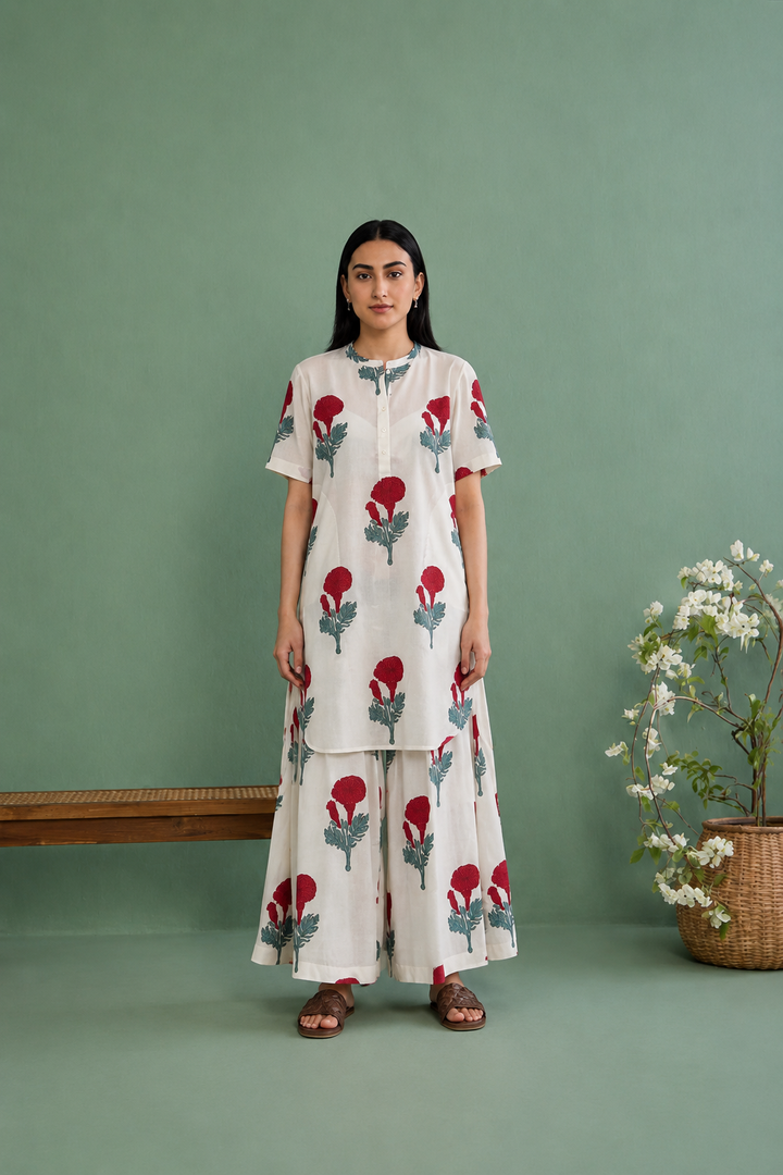 Mughal Summer Red Short Kurta With Flared Palazzo Set Of 2