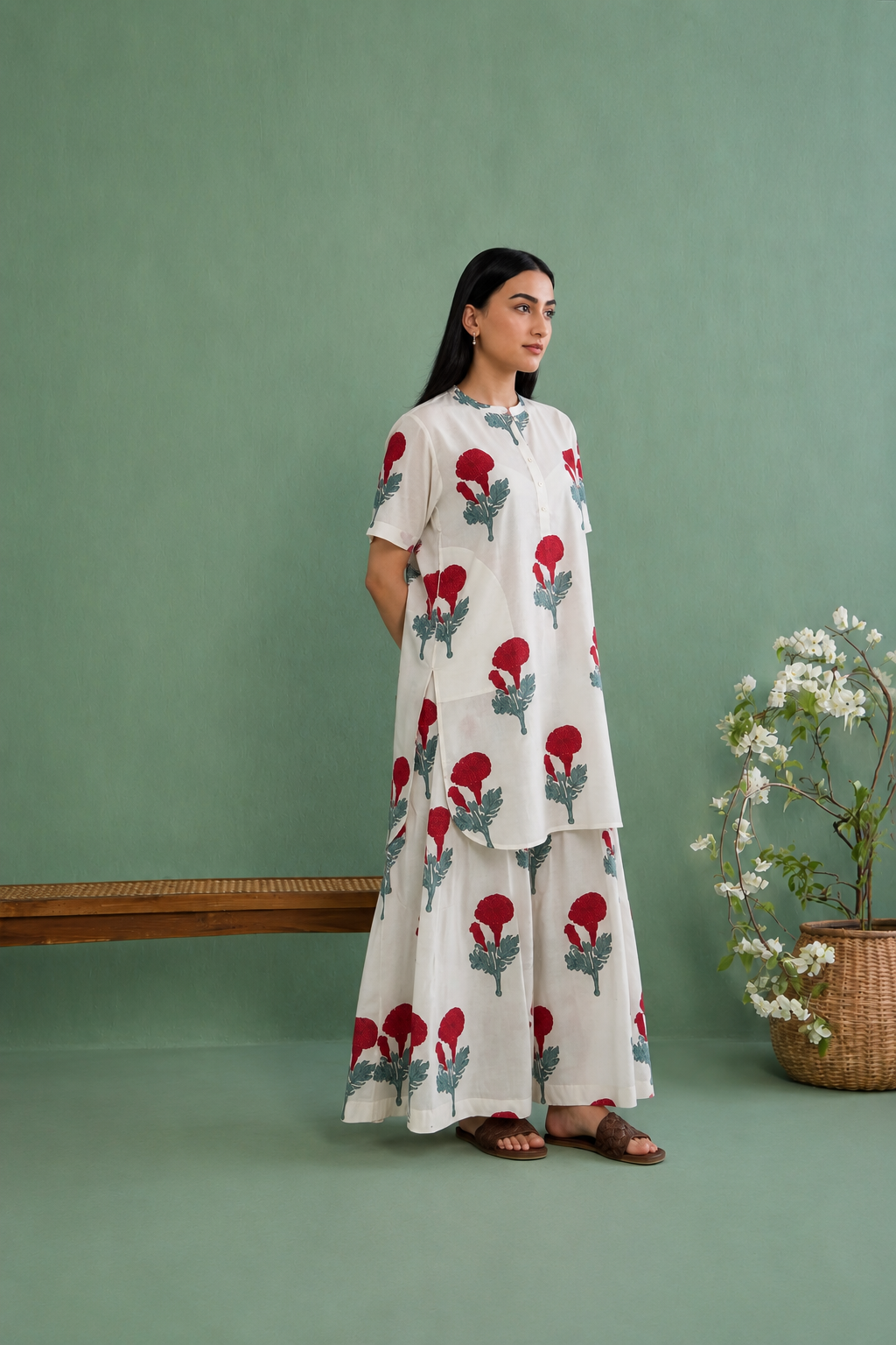 Mughal Summer Red Short Kurta With Flared Palazzo Set Of 2