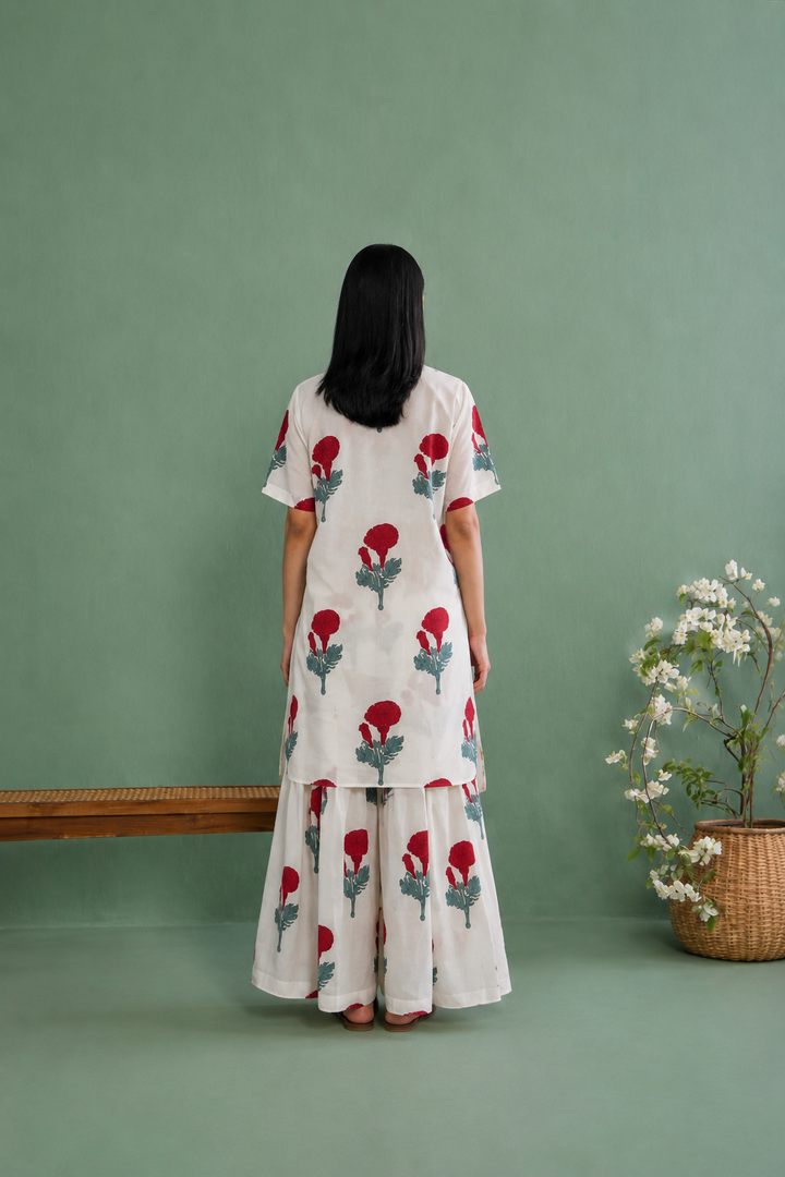Mughal Summer Red Short Kurta With Flared Palazzo Set Of 2